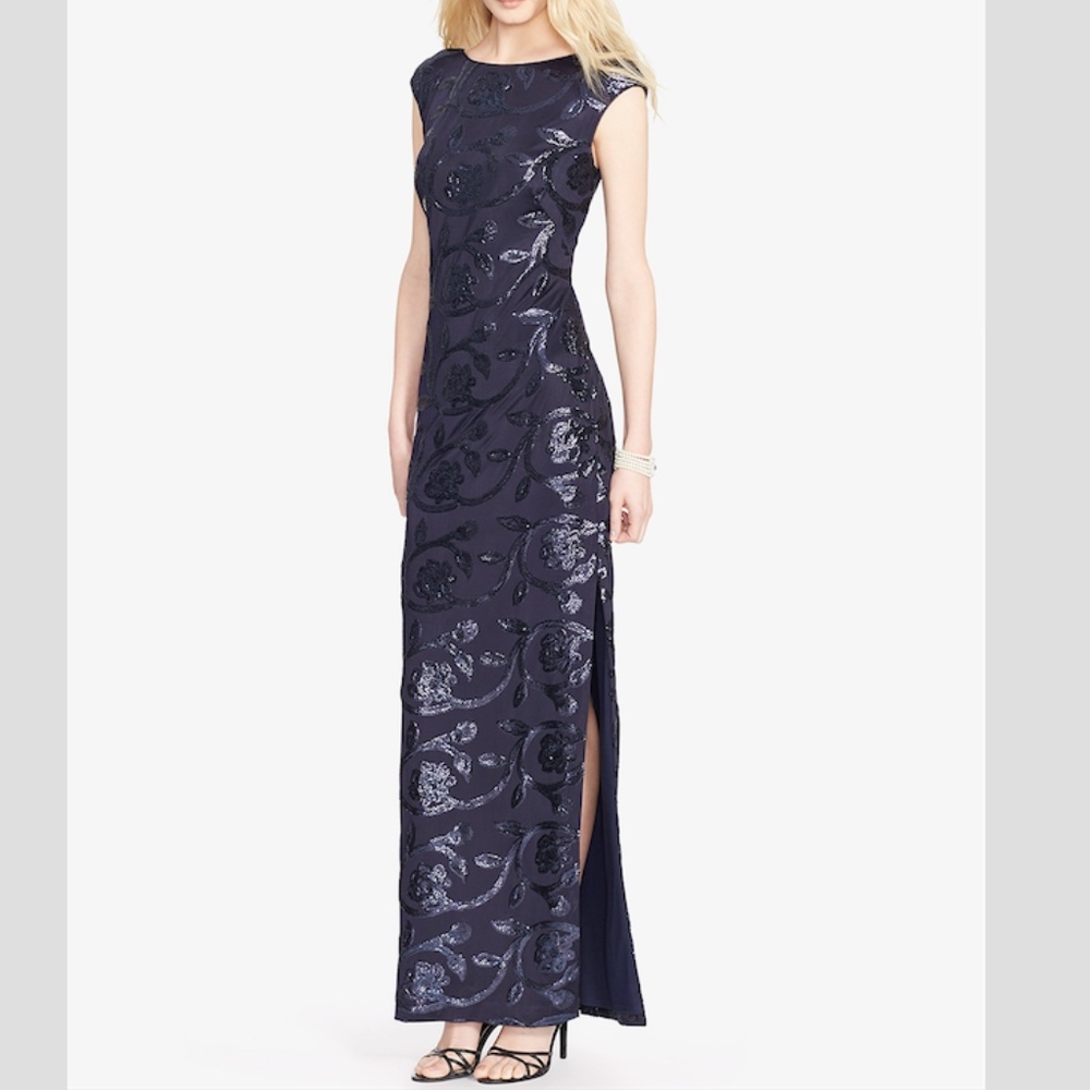 Sleeveless Sequined Floral-Print Gown with slit